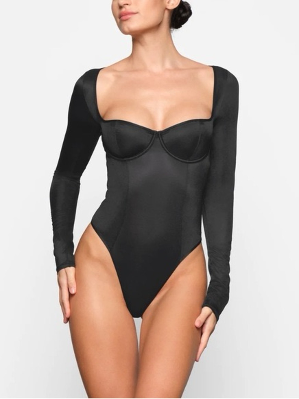 NEW Skims Glissenette Black Onyx Long Sleeve Bodysuit Womens Size XXS